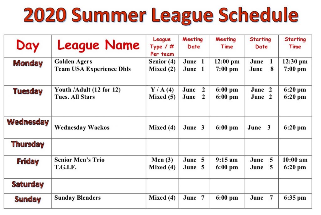 Summer 2020 Schedule